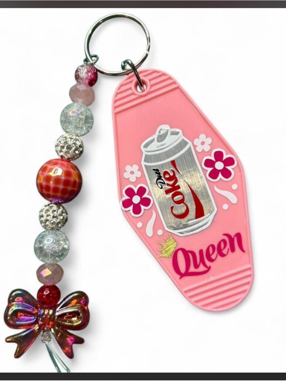 Pink Diet Coke Queen Keychain with Beaded Charm